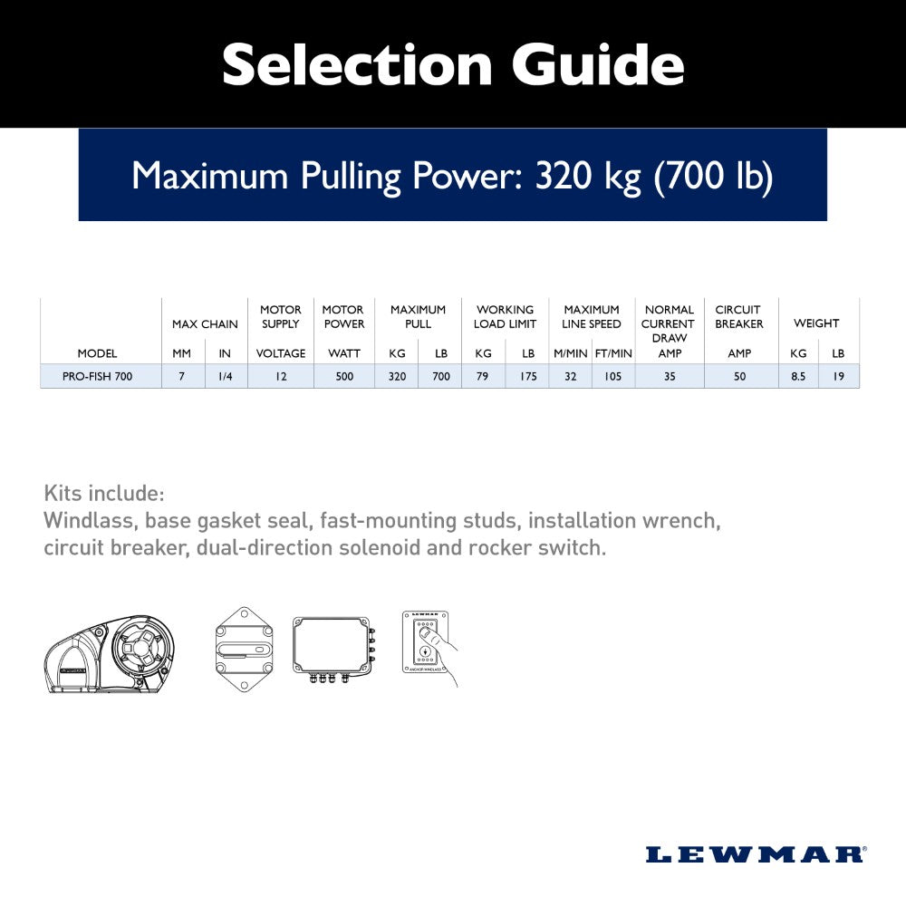 Lewmar Windlass - Pro-Series 700 Free Fall 500W Horizontal Electric 12V Gypsy Only 6/7mm - DIN 766