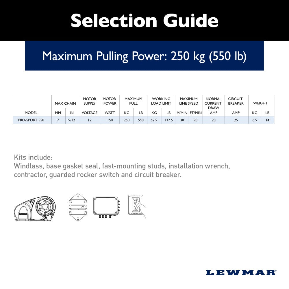 Lewmar Windlass - Pro-Sport 550G Free Fall 700W Horizontal Electric 12V Gypsy Only 6/7mm - DIN 766